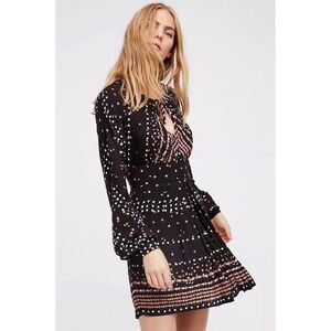 Free People Black Coryn Printed Long Sleeve Mini Dress Women's Size 8 Boho